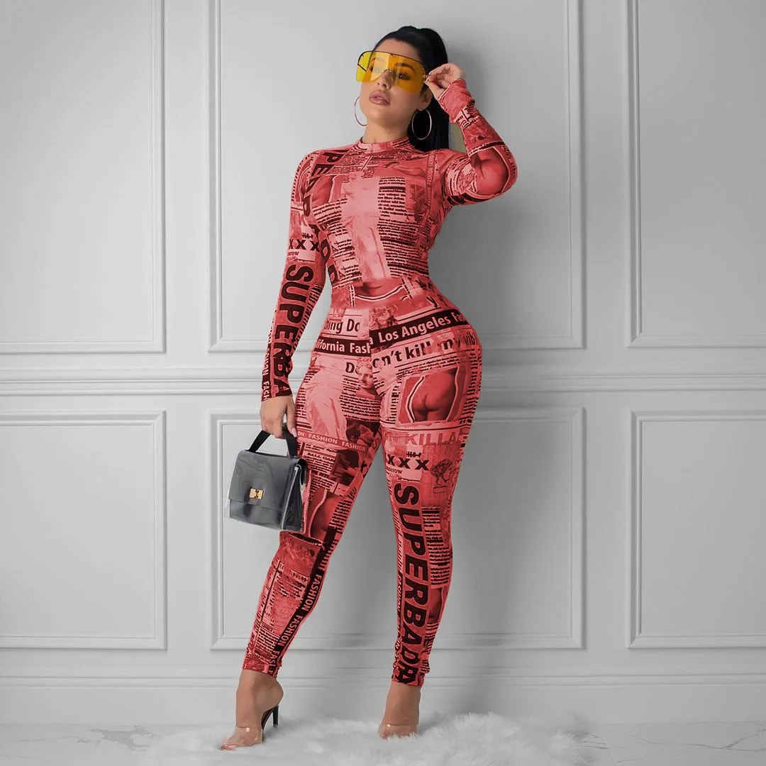 ChocoMist Jumpsuits  Casual Skinny Paper Print Long Sleeve One-piece Jumpsuits SM9049