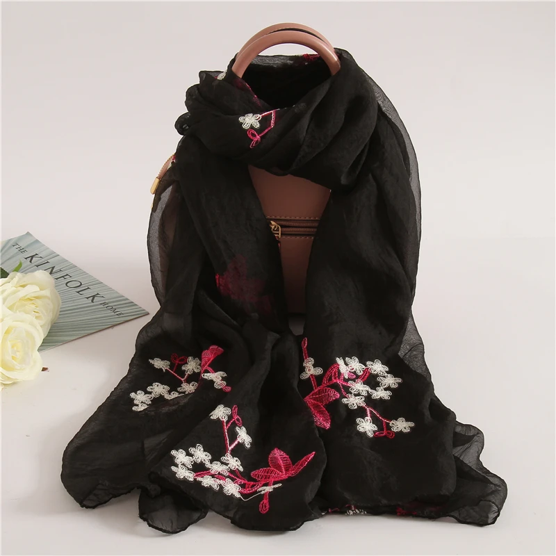 Embroidery Silk Scarves for Women New Fashion Floral Print Shawls and Wraps Thin Long Pashmina Lady Neck Scarf Hijab Femme