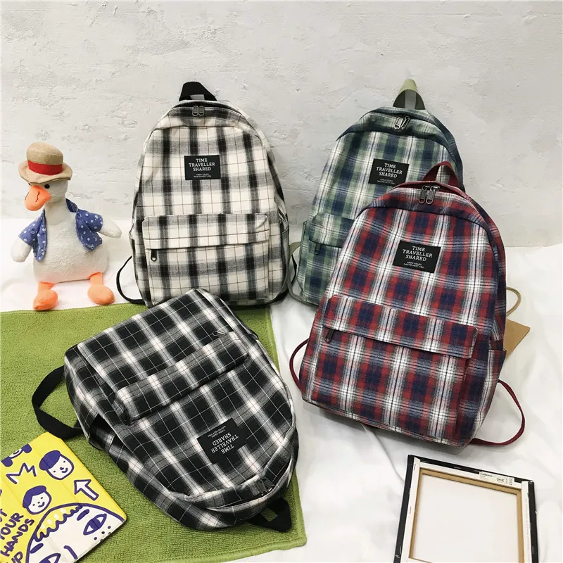 Fashion Plaid Canvas Women Backpack College Student Backpack Teenage Girl School Bags Large Capacity Waterproof Travel Rucksack