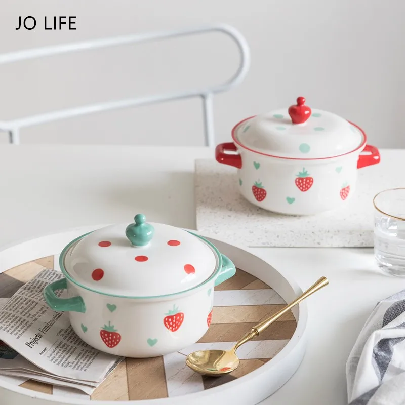 JO LIFE 7 дюймов Милая Клубничная чаша быстрого приготовления лапши фруктовый салат закуски посуда керамическая Салатница с крышкой