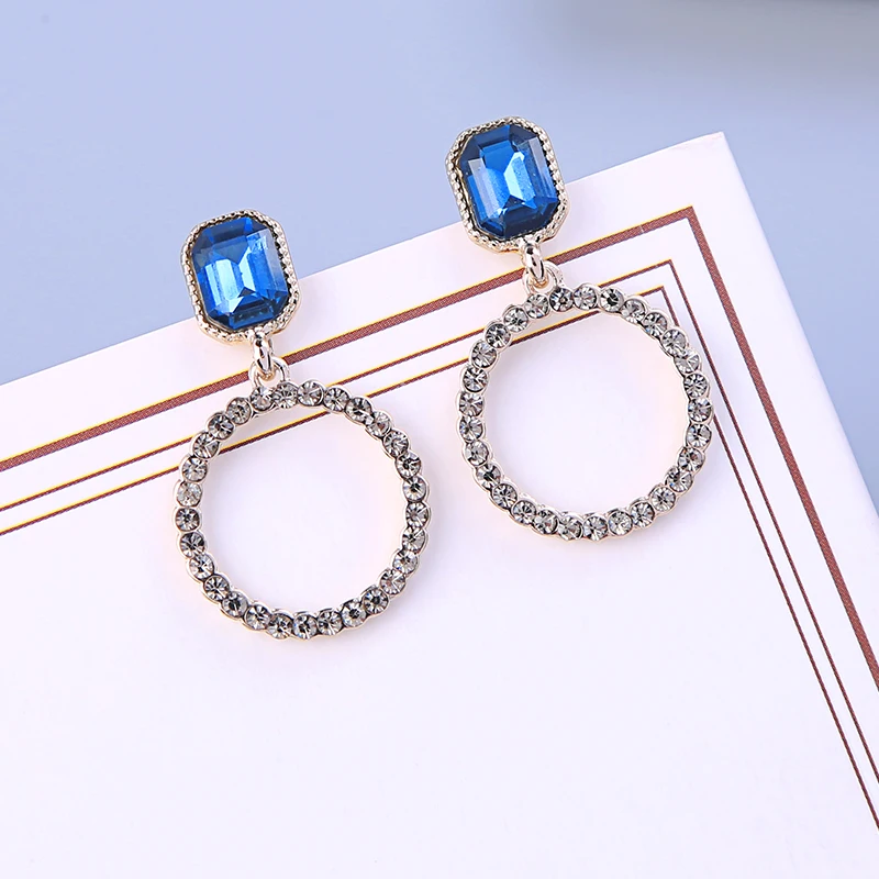 

Blue Crystal Drop Earrings Geometric Circle Allergy Free Korean Drop Earrings 2019 For Women Fashion Jewelry