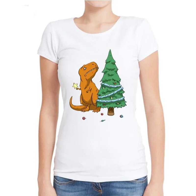 

Dinosaur Christmas Tree Printed T-shirts for Women Casual Short Sleeve Graphic T Shirt Femme Fashion Christmas Tee Shirt Top