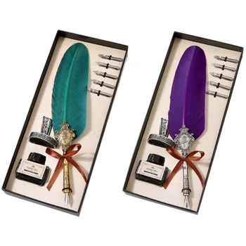

2pcs Retro Vintage Calligraphy Feather Pens Cute Feather Ballpoint Pens Kawaii Plush Ball Pens - Green & Purple