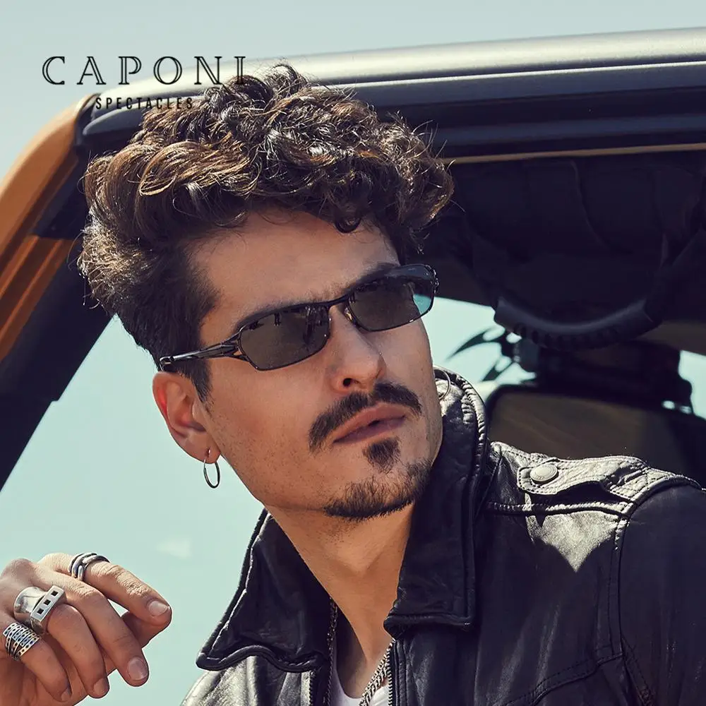 CAPONI, квадратные солнцезащитные очки, мужские, поляризационные, чистый титан, оправа, фотохромные очки, Ретро стиль, для вождения, прозрачные, солнцезащитные очки, UV400, BS1190