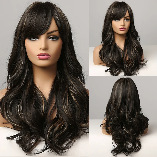 EASIHAIR Long Dark Brown Women's Wigs with Bangs Water Wave Heat Resistant Synthetic Wigs for Black Women African American Hair LC353-1