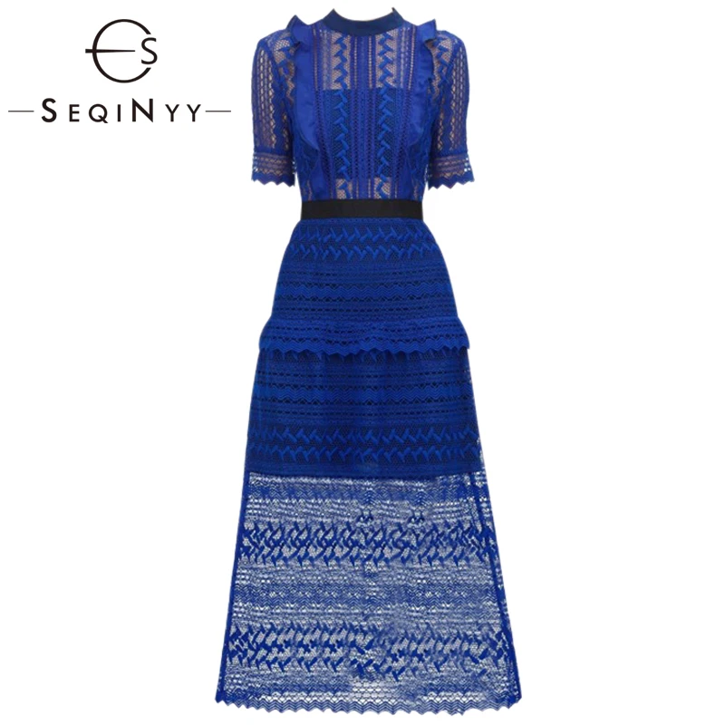 

SEQINYY Blue Dress 2020 Summer Spring New Fashion Design Short Sleeve Hollow out Ruffles Women High Quality Slim Midi Lace Dress