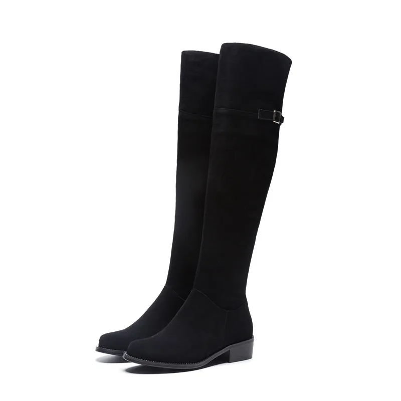 black 4.5cm ASUMER/Большие размеры 34-43, модные сапоги выше колена женские замшевые кожаные сапоги с круглым носком обувь на низком каблуке женские осенне-зимние сапоги - Цвет: black 4.5cm