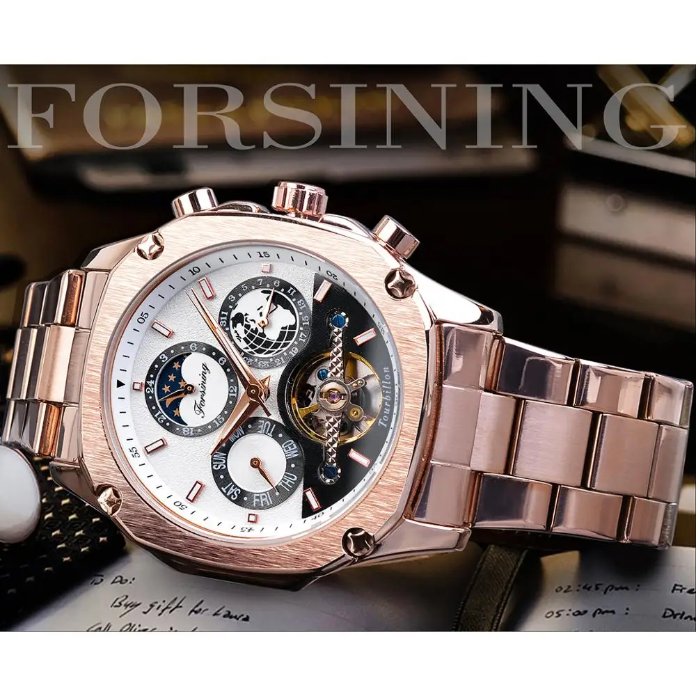 Forsining дизайнерские automatic Tourbillon часы мужские розовое золото Moonphase Дата Скелет механический пилот стальной ремешок Montre Homme