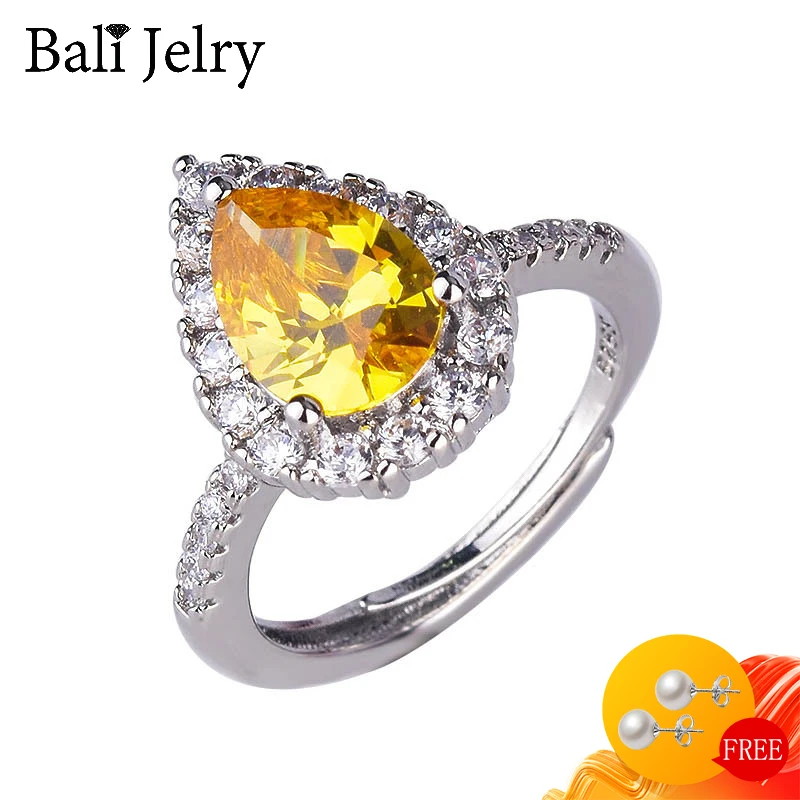 

BaliJelry Trendy Women Ring 925 Silver Jewelry Water Drop Shape Citrine Zircon Gemstone Open Finger Rings for Wedding Engagement