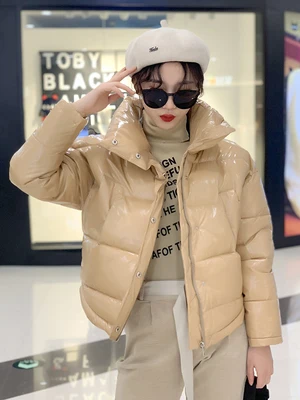 khaki Модный Глянцевый Зимний пуховик из хлопка для женщин яркие черные короткие блестящие желтые/красные стеганые пальто - Цвет: khaki