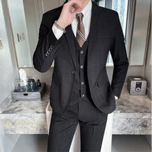 

Autumn and Winter Mature Gorgeous Men's Business Casual Plaid Suit 3 Pieces (jacket + Vest + Trousers) Men Classic Wedding Suit