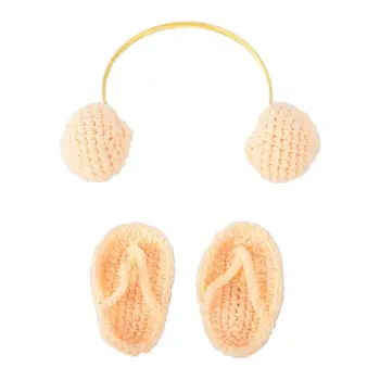 

2 Pcs/set Newborn Photography Props Mini Slippers Headset Baby Photo Wool Woven Prop Accessories N1HB