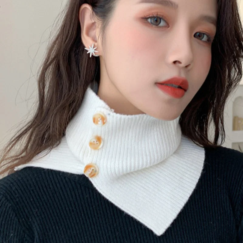Fashion Wool Knit Windproof Warm Scarf Winter Thick Elastic Button Soft False Collar Neck Guard Scarves Women Bib Pullover O24