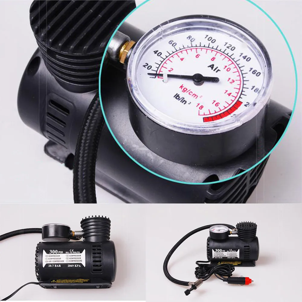 .Black Mini 12V 300PSI Car Air Pump Tyre Compressor Portable Electric Bike Type Inflator |