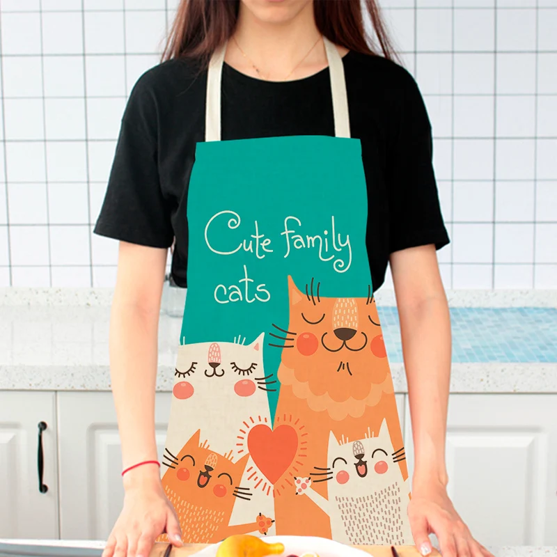 Parent-child Kitchen Apron Cartoon Funny Cat Printed Sleeveless Cotton Linen Aprons for Men Women Childrens Home Cleaning Tools