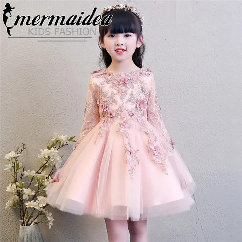 pink short dress Новогоднее кружевное платье принцессы с цветами для детей; роскошное элегантное бальное платье на день рождения, свадьбу, вечеринку; подарок - Цвет: pink short dress