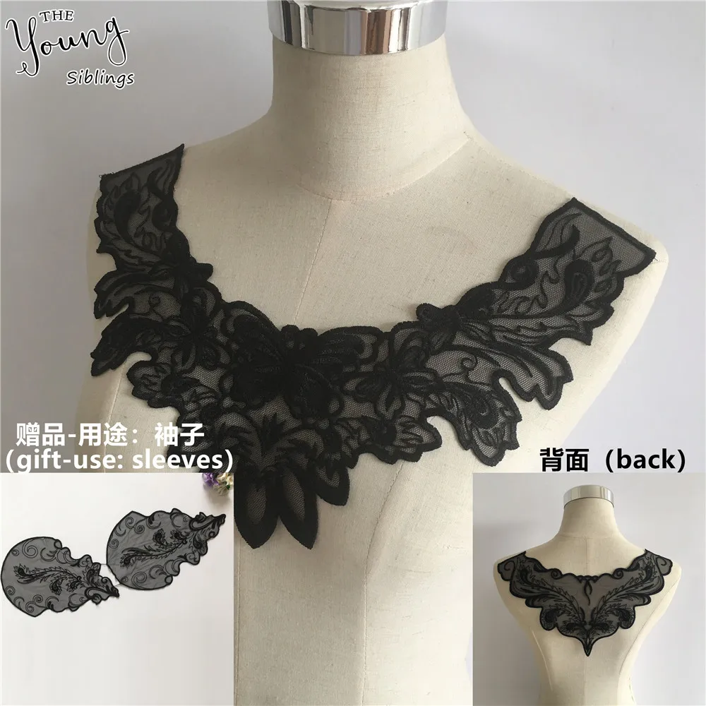 Новое поступление черная ткань из органзы кружевной воротник вышивка аппликация
