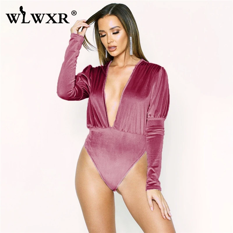 WLWXR, сексуальное Клубное бархатное боди для женщин, топы, обтягивающие, с длинным рукавом, бодикон, боди для женщин, Осень-зима, черный женский комбинезон