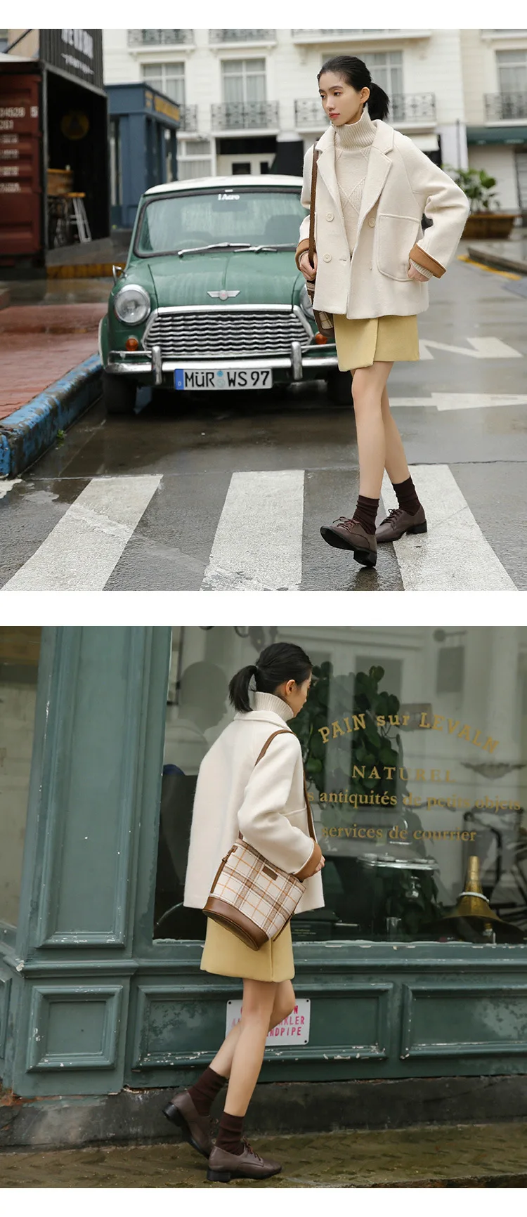 autumn winter Vintage lapel double breasted Wool coat Female loose Woolen coat Keep warm Solid color Woolen jacket FCW077