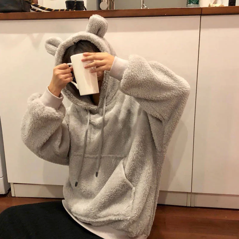 Kawaii Для женщин толстовки пуловер для девочек зимний пушистый Мишка с ушками; толстовка; куртка с капюшоном теплая верхняя одежда пальто Изящный свитшот для девочек Повседневное Толстовка Для женщин Повседневное с длинным рукавом карман пуловер с капюшоном осеннее пальто
