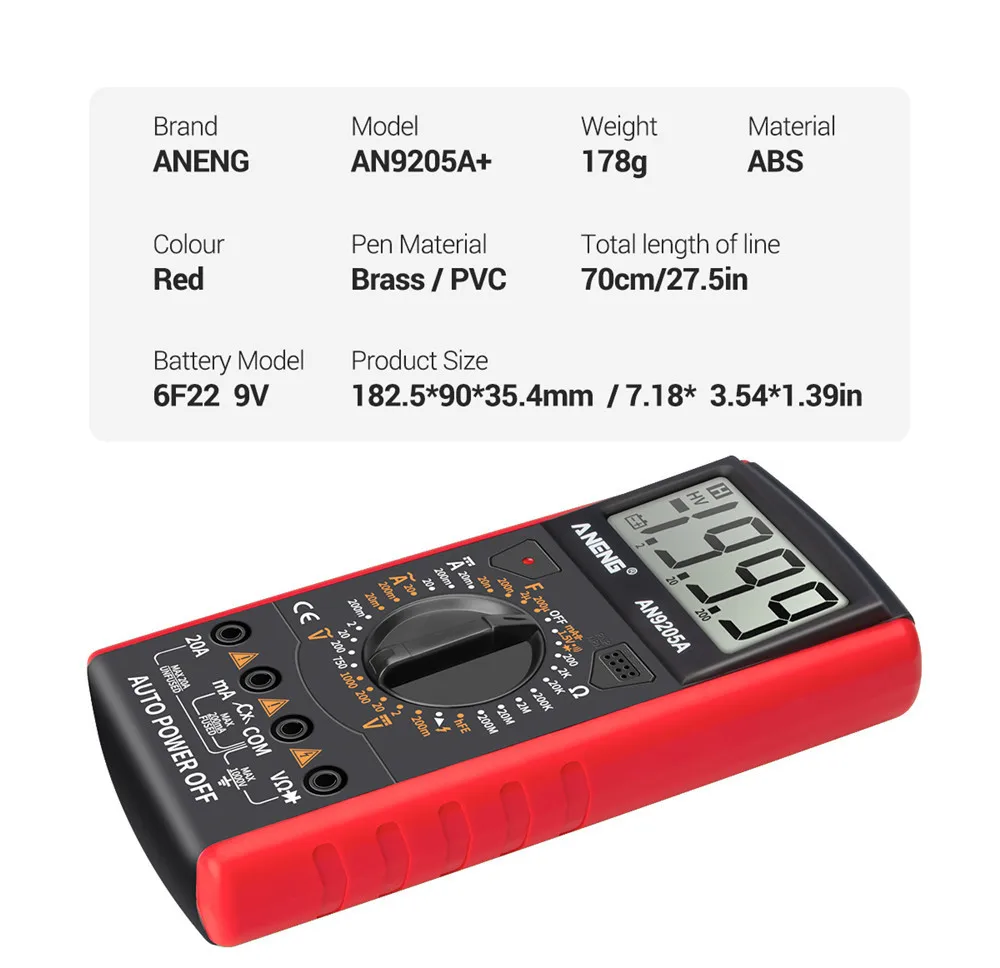 Цифровой мультиметр ANENG AN9205A + 3 1/2 дюйма ЖК-дисплей 1999 отсчетов ручной диапазон