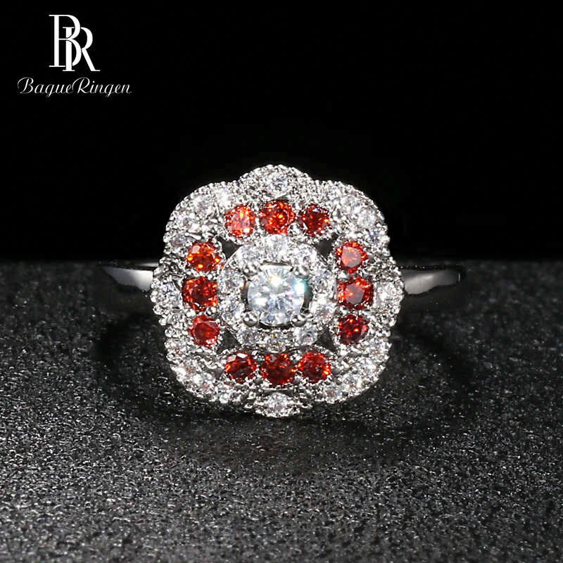 Красный Bague Ringen в форме цветка, серебро 925, Ювелирное кольцо с камнями для женщин, рубиновый AAA циркон, женские вечерние аксессуары,, подарок - Цвет камня: Красный