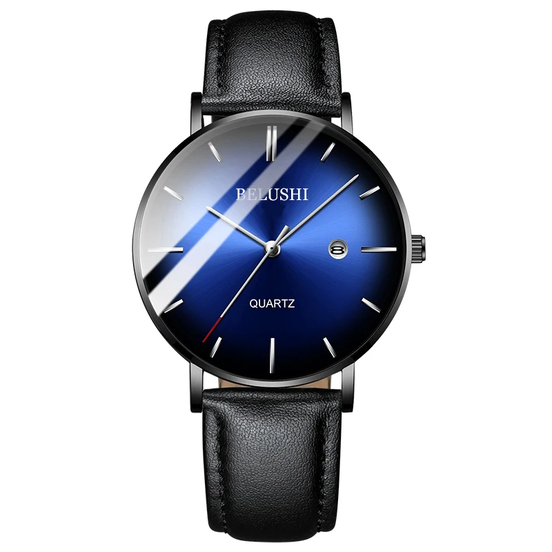 Leather Blue Silver BELUSHI, модные мужские часы, Топ бренд, Роскошные тонкие стальные сетчатые кварцевые часы, мужские деловые водонепроницаемые аналоговые наручные часы, мужские часы - Цвет: Leather Blue Silver