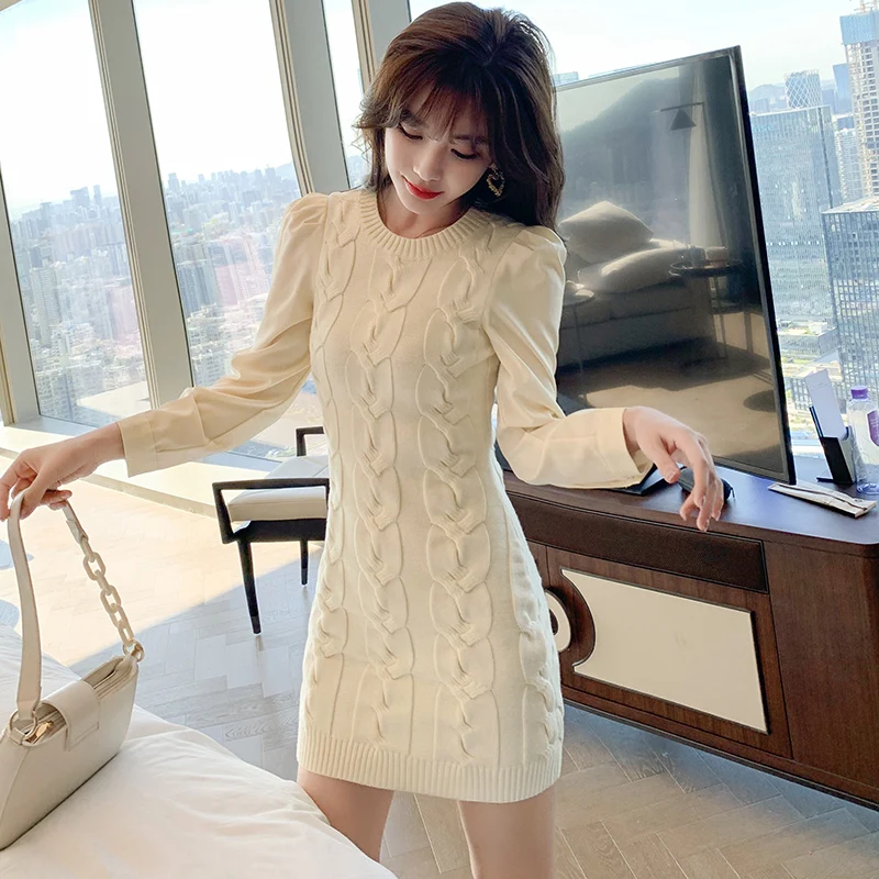 

One-Piece New Women Clothing Fall Winter Female Fashion Mini Twist Pattern Bodycon Knitted Sweater Dress Ladies Korean Outfits