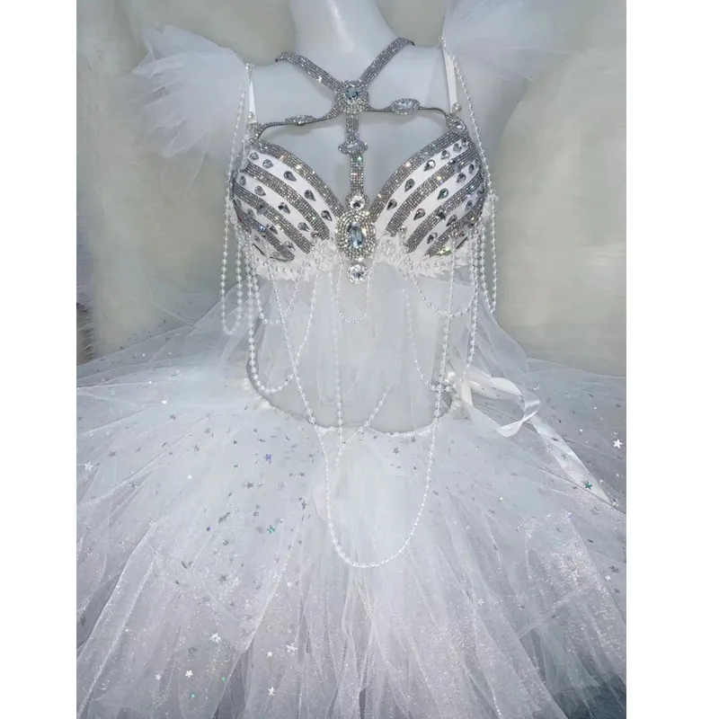 

White Crystals Pearl Rhinestones Bikini Bubble Skirt Set Sexy Bar Party Show Stage Outfit Nightclub DJ Singer Performance Outfit