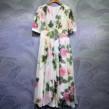 

Seifrman Women Autumn Fashion Designer Midi Dress Short Sleeve High Waist Button Rose Floral Print Ladies Party A-Line Dresses