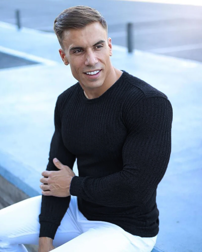 Frühling Mode Oansatz Pullover Männer Elastizität Streifen Gestrickte Pullover Männer Solide Sport Pullover Männlichen Herbst Slim Fit Strickwaren – Detail 13