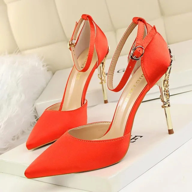 

BIGTREE Carved Metal Heeled Woman Sandals Pointed Toe Ankle Buckle Pumps High Heels Shoes Summer Party Dress Shoe for Women