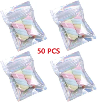 

50 pcs Zip Lock Bag Laser Holographic Clear Front Mylar Ziplock Aluminum Foil Pouch Bags Rainbow Resealable Smell Proof Bags