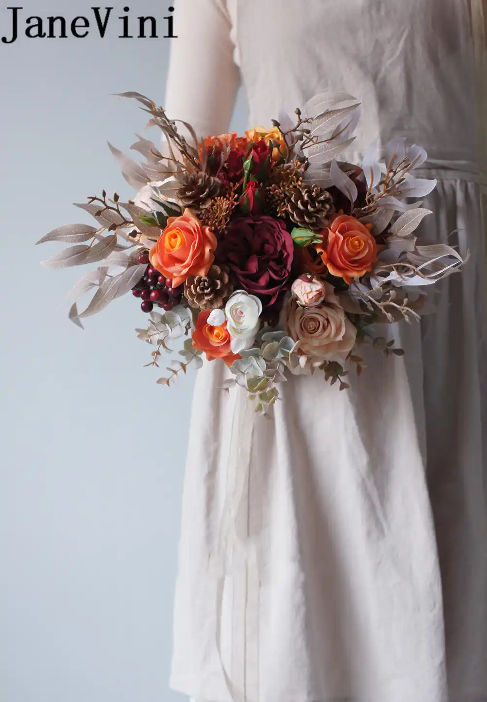 Janevini Autumn Vintage Bride Wedding Bouquet Charm Orange Cream Fleurs Rose Peonies Artificial Flowers Bridal Bouquets 2020 Wedding Bouquets Aliexpress