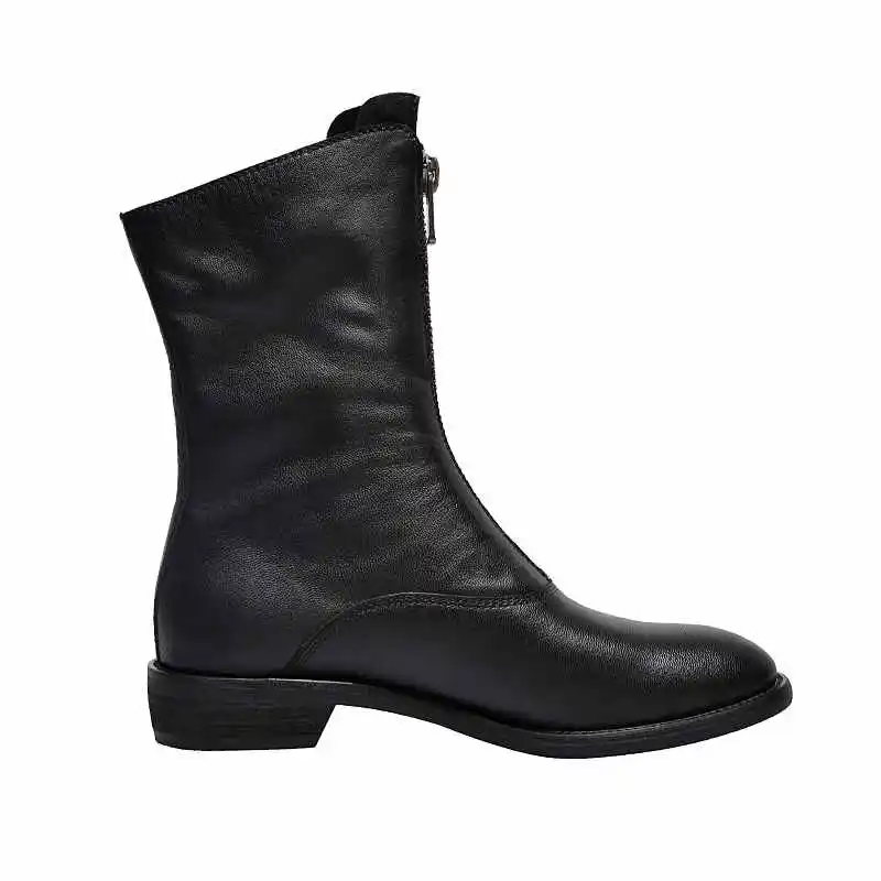 krazing pot vintage genuine leather round toe thick med heels gladiator the front zipper boots fashion modern mid-calf boots l01