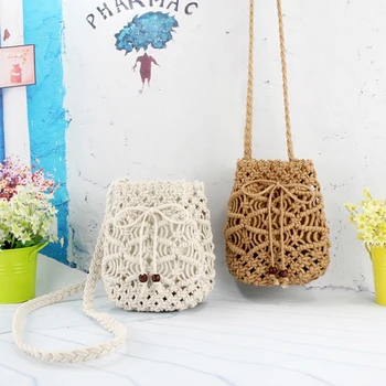 

Handmade 3 Strands Grass Bag Cotton Line Handbag Summer Bohemian Woven Openwork Beach Bag Ladies Woven Straw Bag Clutch Bag
