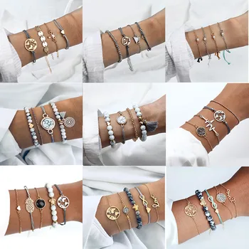 

4 Pcs/ Set Multilayer Adjustable Open Bracelet Set For Women 2019 Retro Geometric Statement Female Glamour Fashion Jewelry