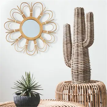 

Rattan Mirror Round Makeup Dressing Bathroom Wall Hanging Mirror Innovative Art Decoration Nordic Primary Color Wicker Decor