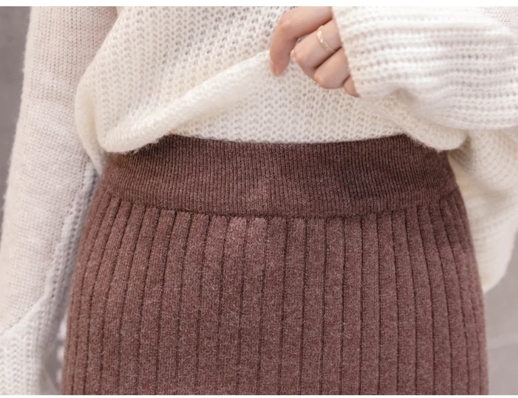Warm Winter High Street Color Block Bodycon Knit Skirt High Waist Knee Length Skirts Women Knitwear Vintage Skirt