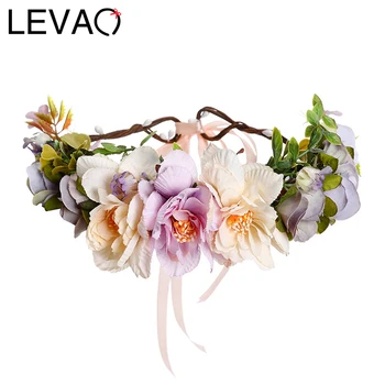 

LEVAO Bridal Garland Headpiece Holiday Flower Headband Wreath Hairband Party Girl Hair Accessories Corolla Crown Ribbon Headwear