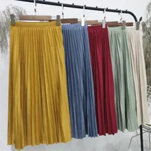 Плиссированная юбка средней длины для девочек, осень и зима, женские юбки из оленьей кожи, длинная юбка с высокой талией, 10 цветов, 1881