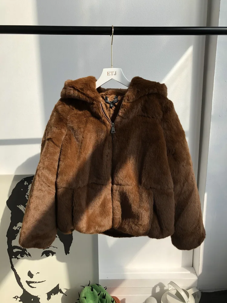 

43ah WOMEN'S Dress 18 Winter New Style Thick Brown Faux Fur Plush Hooded Cropped Jacket Women's
