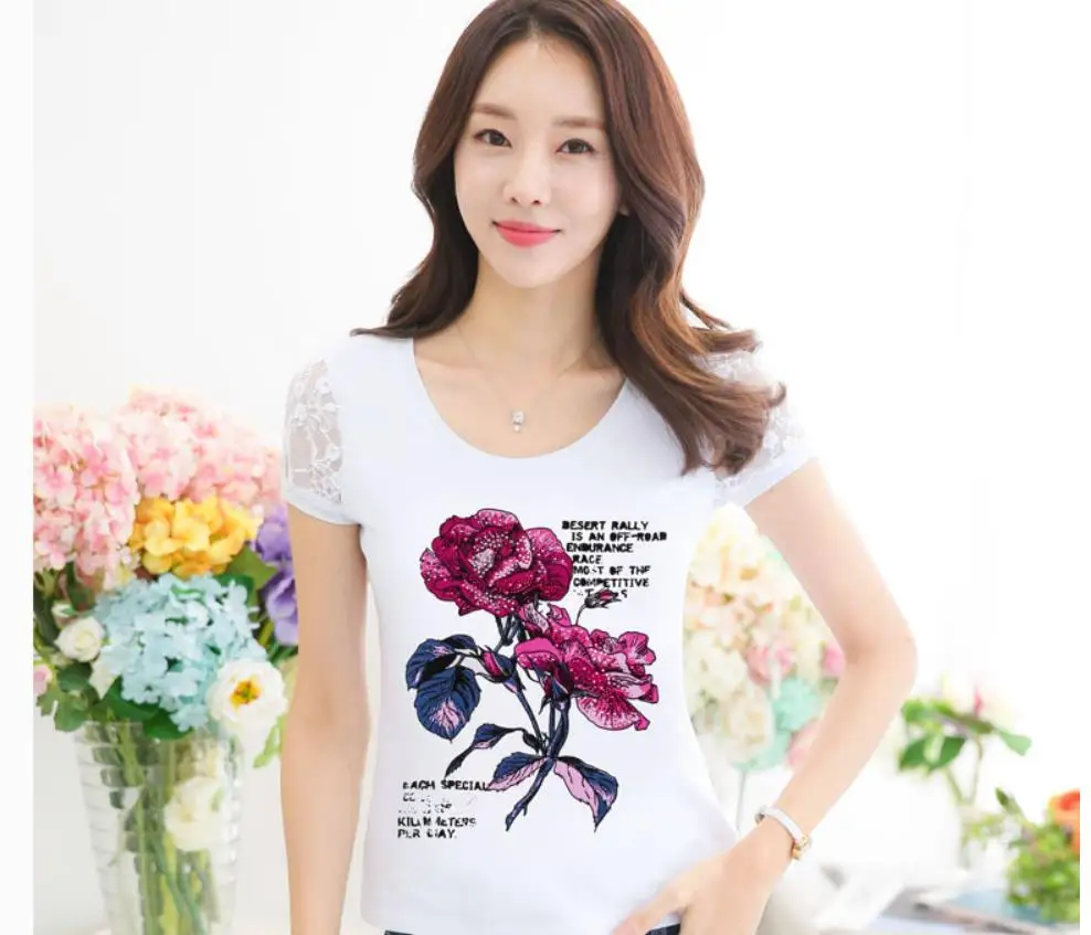 Camisetas Mujer летние Стразы футболка Для женщин кружева короткий рукав леди, поставленные зоводами непосредственно Для женщин s футболка Женские ромбовидные Топы