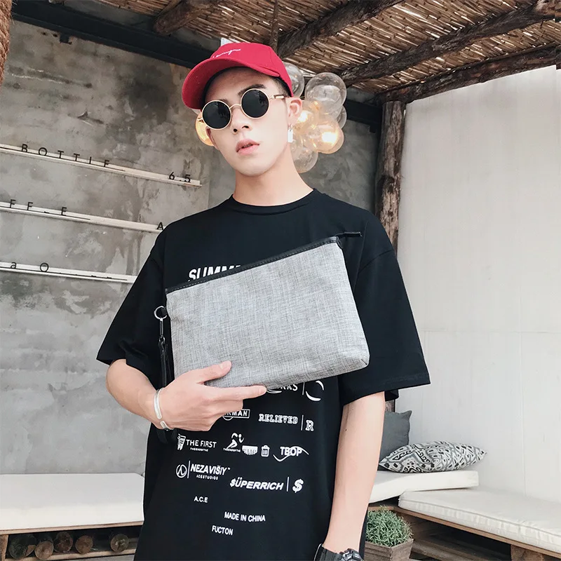 

Men's canvas gray clutch bag fashion clashing business document bag
