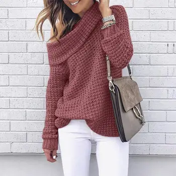 

Women Casual Solid Slash Neck Long Winter/Autumn Sleeve Loose Knit Pullover Sweater Regular