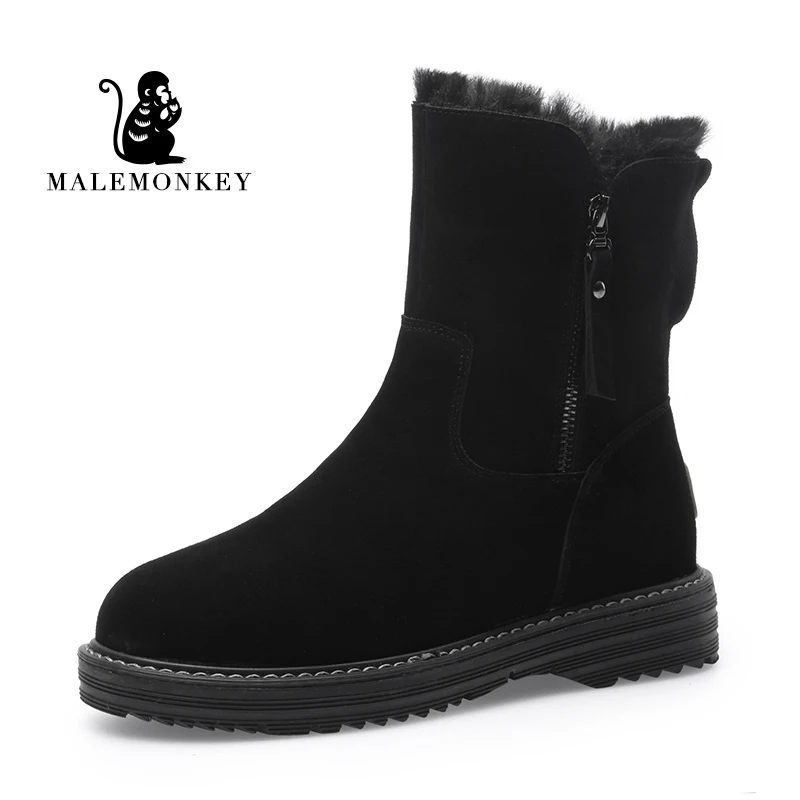 MALEMONKEY/Роскошные брендовые дизайнерские женские ботинки; Новинка года; зимние ботинки; Botas Mujer; Зимние Теплые ботильоны из замши с искусственным мехом - Цвет: Черный