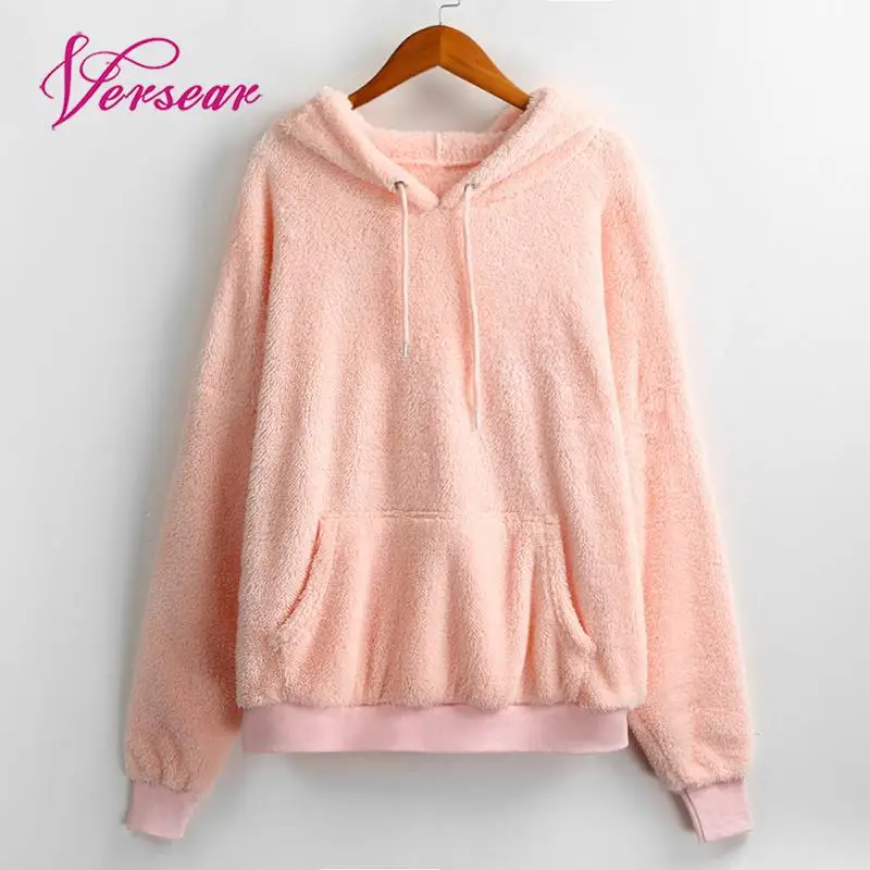 

Versear Women Autumn Sweatshirt Faux Fur Fluffy Drawstring Hooded Pocket Long Sleeve Loose Casual Thin Hoodies Pullovers Tops