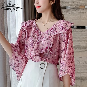 

Spot Summer Thin Female Half Sleeve French V-neck Sweet Popular Printed Chiffon Blouse Lotus Leaf Short Sleeve Feminine 9375 50