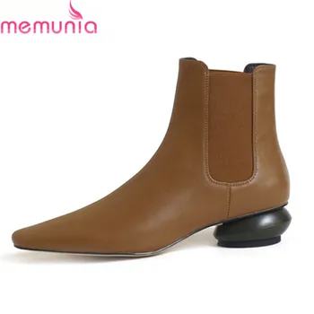 

MEMUNIA 2020 top quality genuine leather ankle boots women pointed toe slip on autumn Chelsea boots unique heels shoes woman