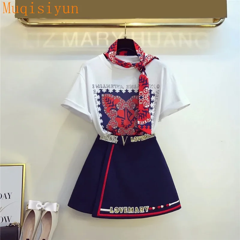 T-Shirt Skirt Suits Short-Sleeves 2pcs-Sets Summer Women Europe-Style A1254 Female Fashion